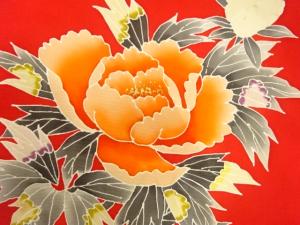 アンティーク　塩瀬　手描き　牡丹模様名古屋帯